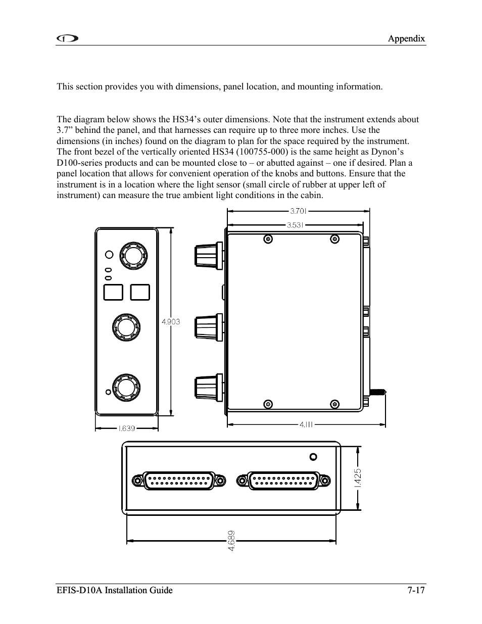 Panel location and mounting, Hs34 dimensions and panel location | Dynon Avionics EFIS-D10A Installation Guide User Manual | Page 89 / 108