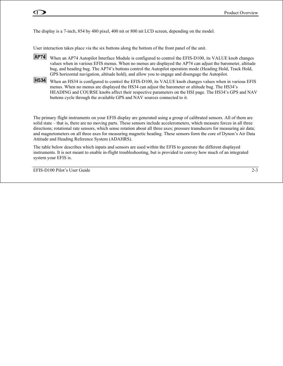 Display, Buttons and knobs, Adahrs operation | Adahrs operation -3 | Dynon Avionics EFIS-D100 Pilots Users Guide User Manual | Page 12 / 89