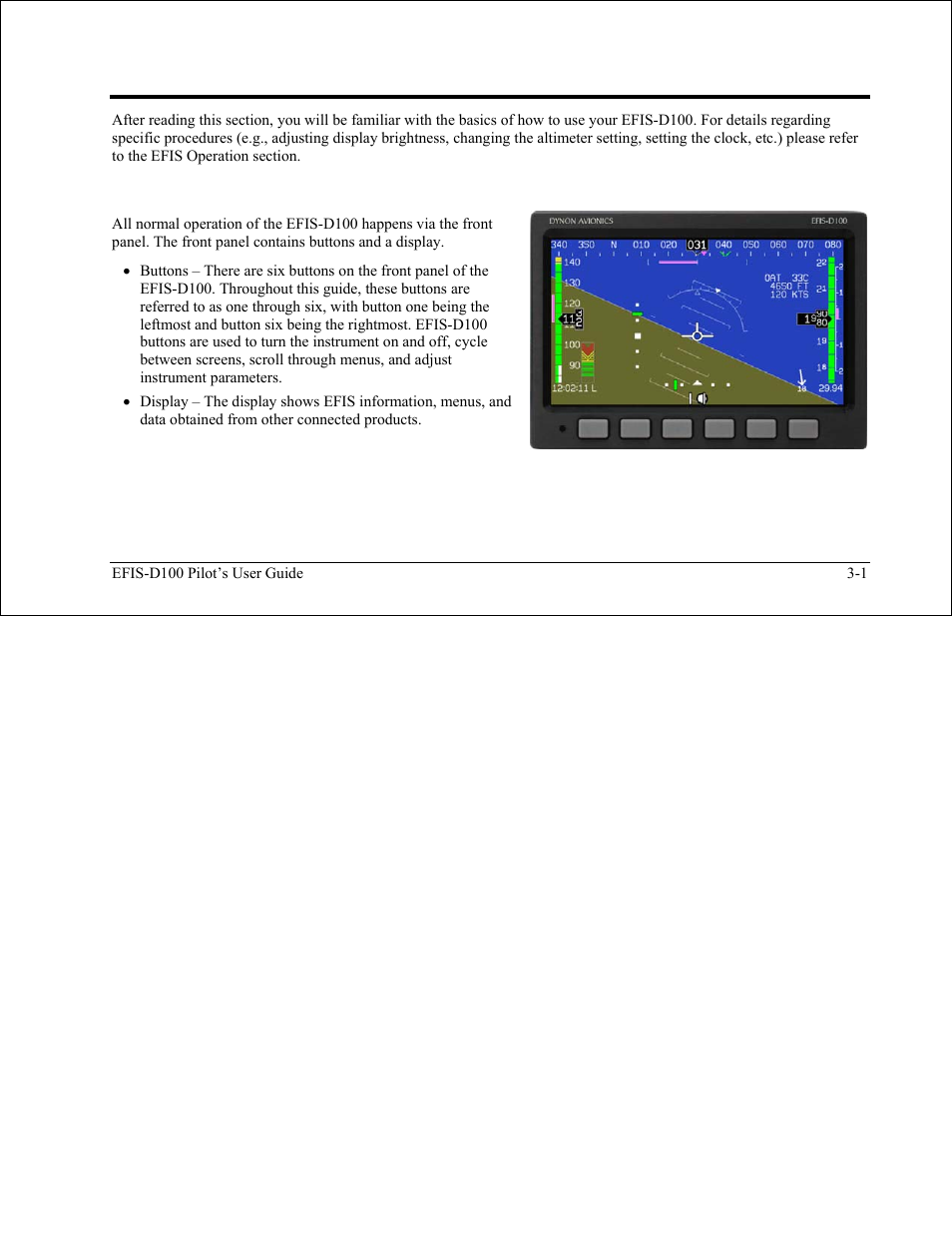 Product operation, Front panel layout, Front panel layout -1 | Dynon Avionics EFIS-D100 Pilots Users Guide User Manual | Page 15 / 89