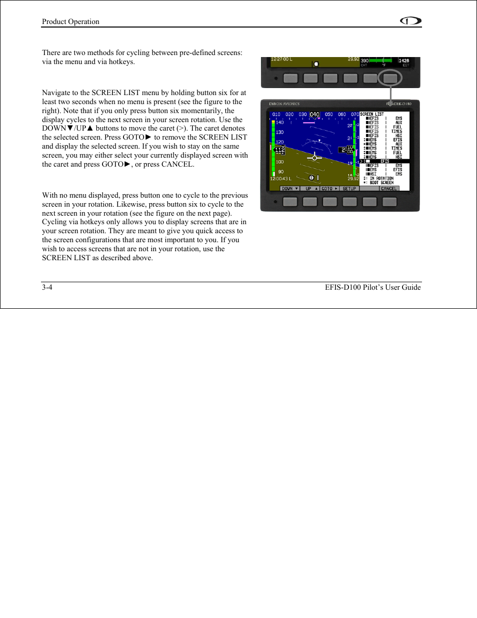 Cycling between screens, Screen cycling using the screen list, Screen cycling using hotkeys | Dynon Avionics EFIS-D100 Pilots Users Guide User Manual | Page 18 / 89