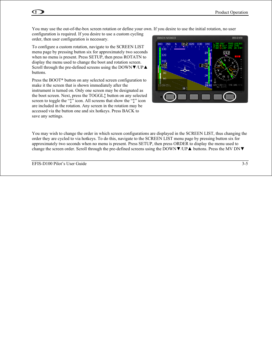 Changing the screen rotation, Changing the screen list order | Dynon Avionics EFIS-D100 Pilots Users Guide User Manual | Page 19 / 89