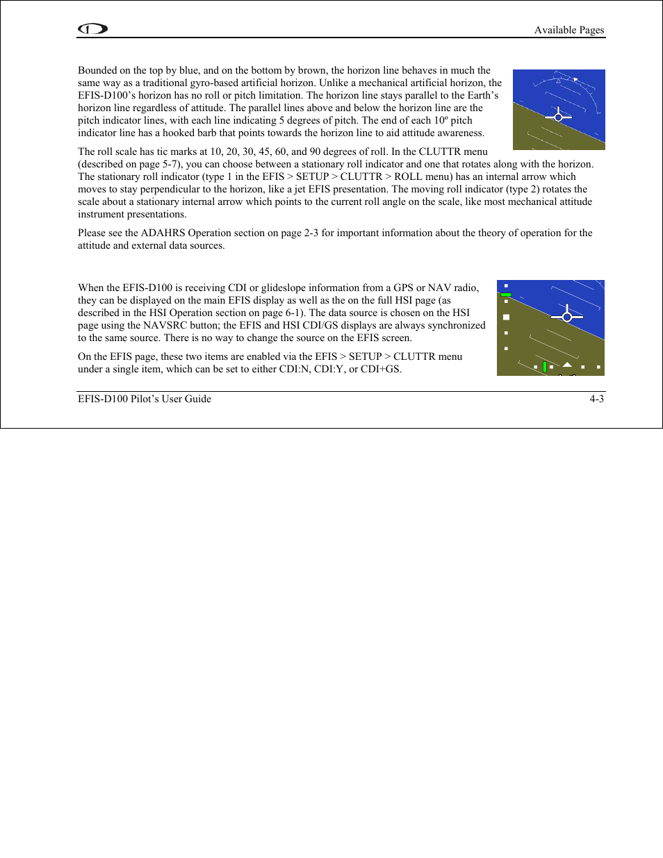 Horizon line, pitch and roll indicators, Cdi/glideslope indicators | Dynon Avionics EFIS-D100 Pilots Users Guide User Manual | Page 25 / 89