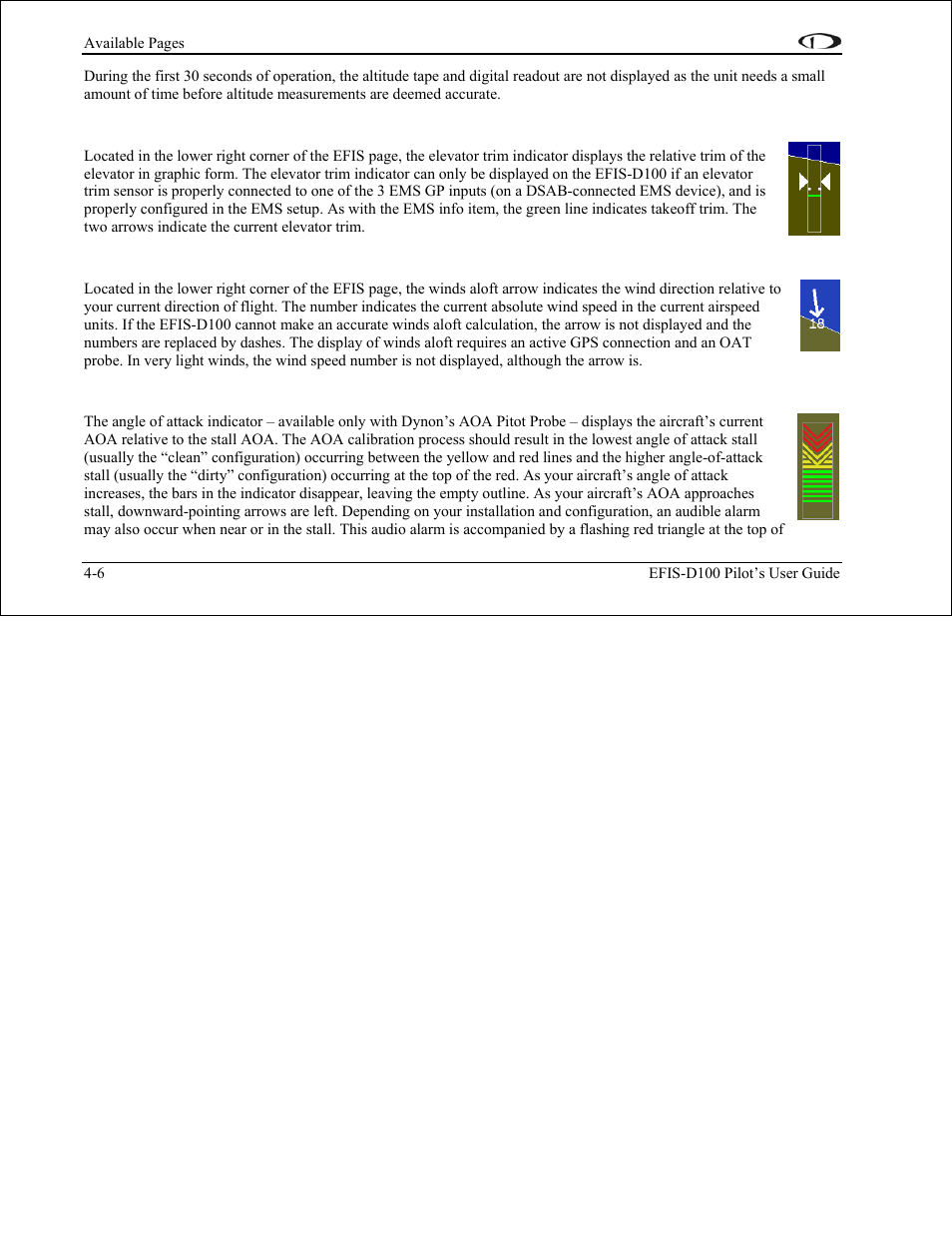 Elevator trim indicator, Winds aloft arrow, Angle of attack (aoa) indicator | Dynon Avionics EFIS-D100 Pilots Users Guide User Manual | Page 28 / 89