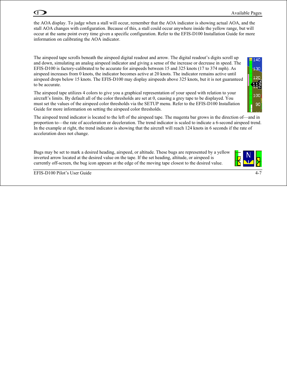 Airspeed tape, digital readout, and trend, Bugs | Dynon Avionics EFIS-D100 Pilots Users Guide User Manual | Page 29 / 89