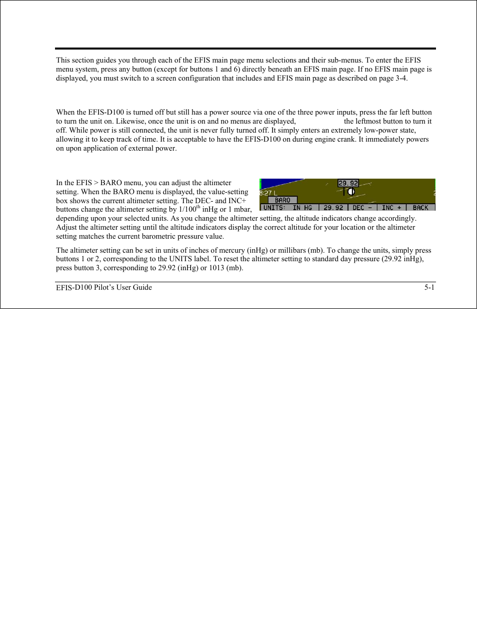 Efis operation, Power – power on/off, Baro – changing altimeter setting | Power – power on/off -1, Baro – changing altimeter setting -1 | Dynon Avionics EFIS-D100 Pilots Users Guide User Manual | Page 34 / 89