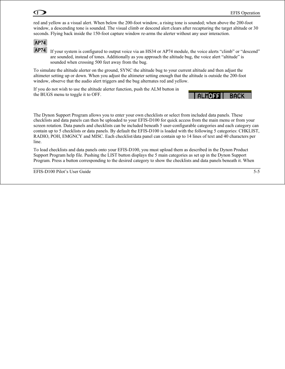 Lists – using checklists and data panels, Lists – using checklists and data panels -5 | Dynon Avionics EFIS-D100 Pilots Users Guide User Manual | Page 38 / 89