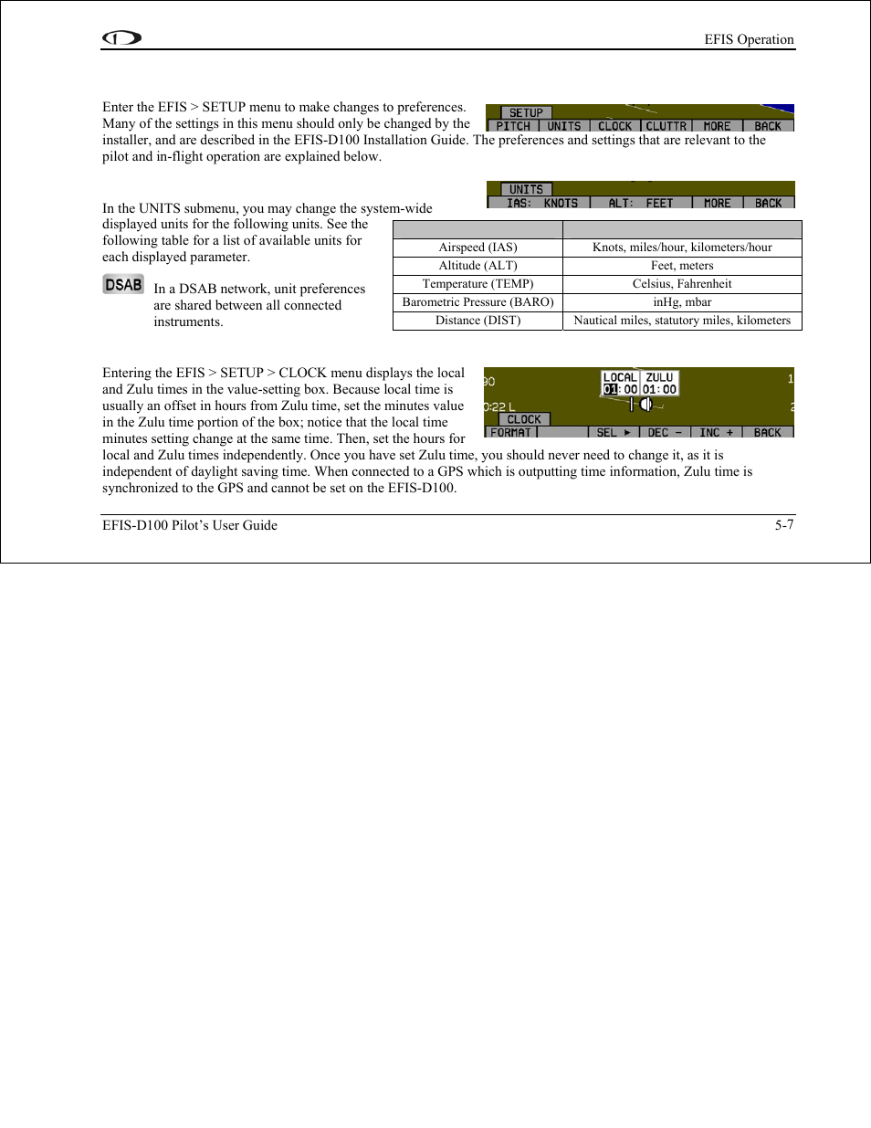 Setup – setting preferences, Change displayed units, Set the clock | Setup – setting preferences -7 | Dynon Avionics EFIS-D100 Pilots Users Guide User Manual | Page 40 / 89