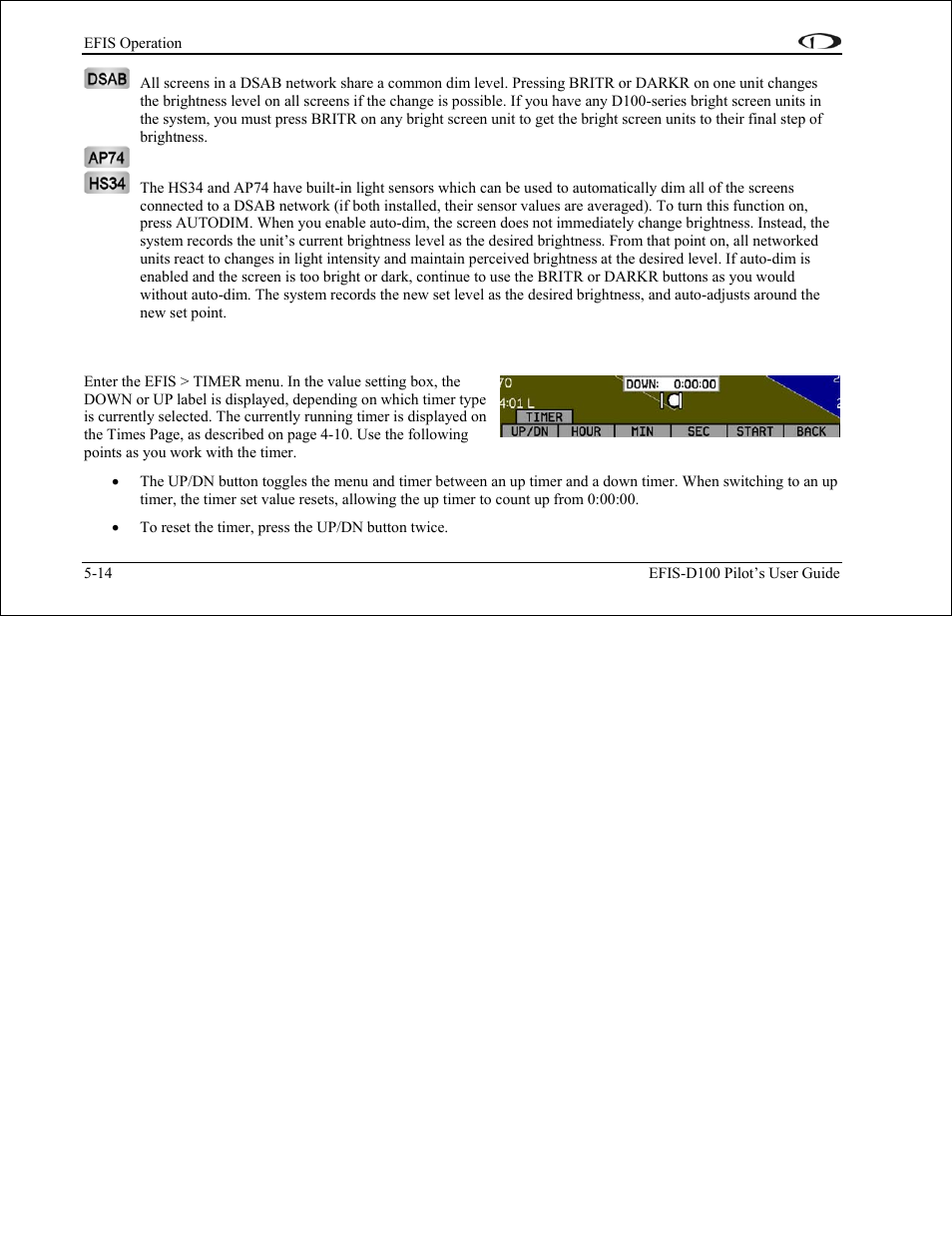 Timer – setting and using a timer, Timer – setting and using a timer -14 | Dynon Avionics EFIS-D100 Pilots Users Guide User Manual | Page 47 / 89