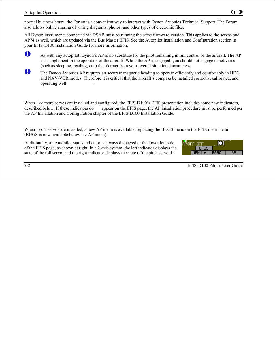 Efis ap indicators, Ap menu and status indicator (lower left corner), Efis ap indicators -2 | Dynon Avionics EFIS-D100 Pilots Users Guide User Manual | Page 61 / 89