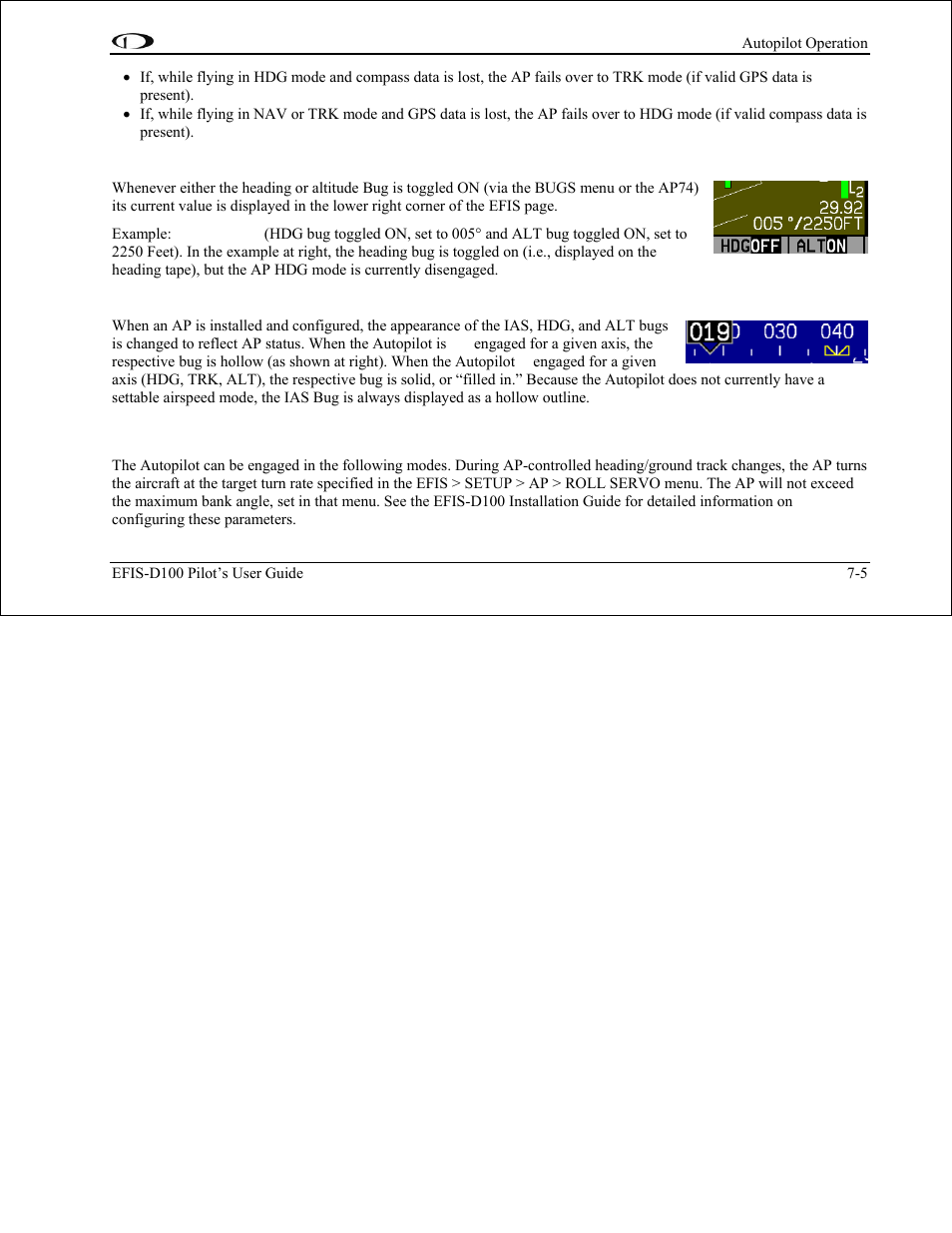 Bugs display (lower right corner), Bugs graphical appearance, Ap modes | Ap modes -5 | Dynon Avionics EFIS-D100 Pilots Users Guide User Manual | Page 64 / 89