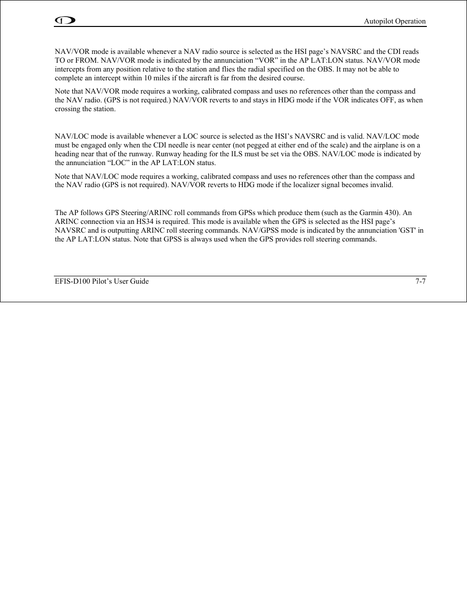 Nav: vor navigation mode – roll servo, Nav: localizer tracking mode – roll servo, Nav: gps steering mode – roll servo | Dynon Avionics EFIS-D100 Pilots Users Guide User Manual | Page 66 / 89