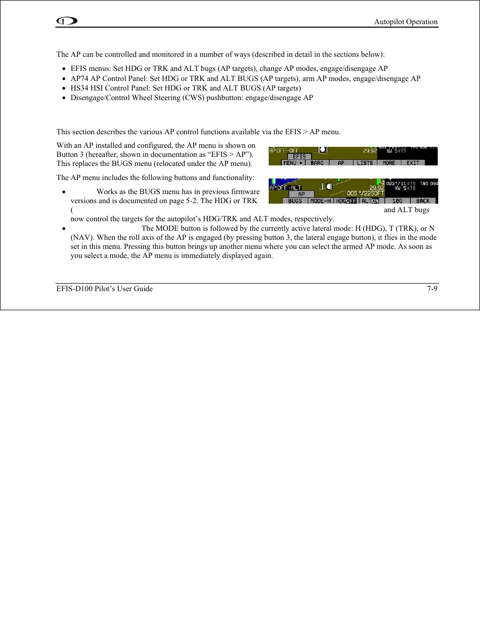 Ap control methods, Efis autopilot control, Ap control methods -9 | Efis autopilot control -9 | Dynon Avionics EFIS-D100 Pilots Users Guide User Manual | Page 68 / 89