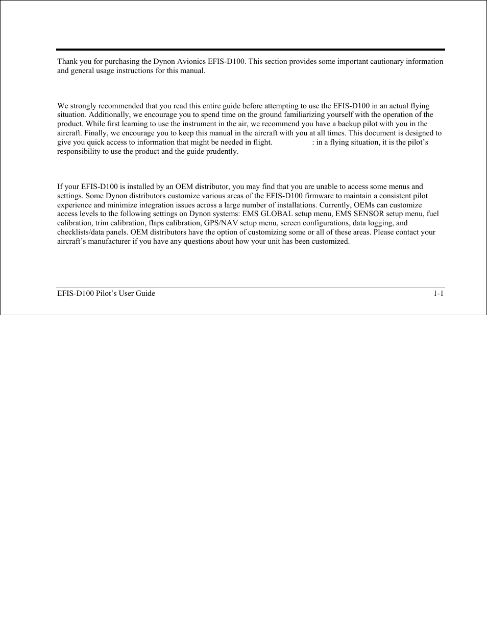 Introduction, Before you fly, Oem installations | Before you fly -1, Oem installations -1 | Dynon Avionics EFIS-D100 Pilots Users Guide User Manual | Page 7 / 89
