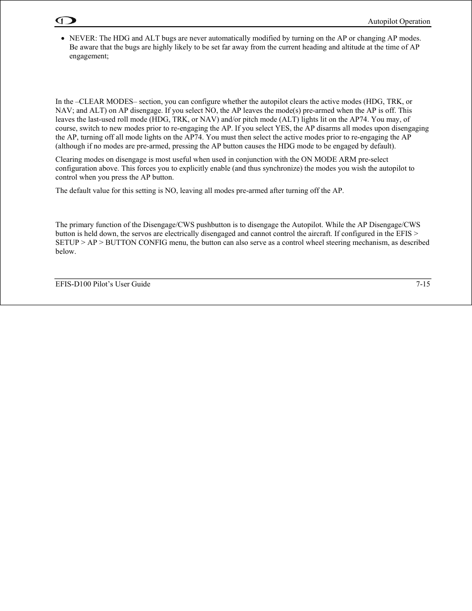 Mode clearing configuration, Disengage/control wheel steering (cws) pushbutton | Dynon Avionics EFIS-D100 Pilots Users Guide User Manual | Page 74 / 89