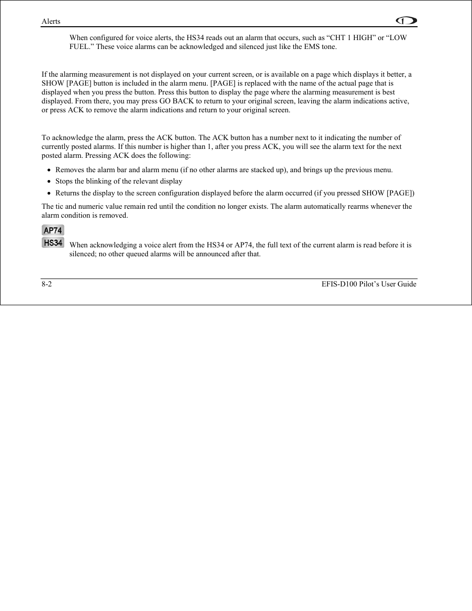 Alarm acknowledgement | Dynon Avionics EFIS-D100 Pilots Users Guide User Manual | Page 78 / 89