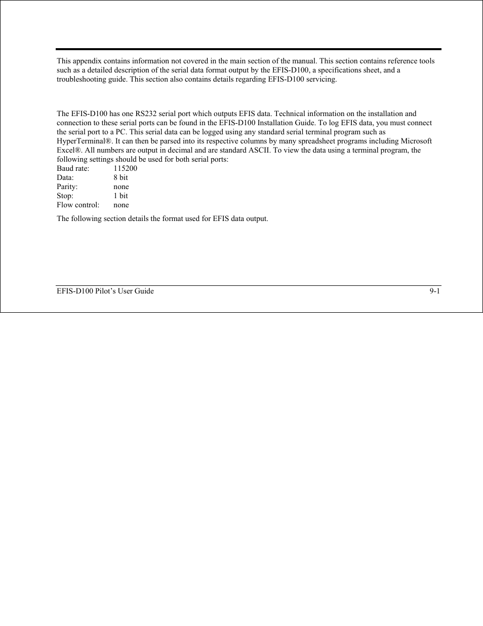 Appendix, Appendix a: serial data output, Appendix a: serial data output -1 | Dynon Avionics EFIS-D100 Pilots Users Guide User Manual | Page 81 / 89