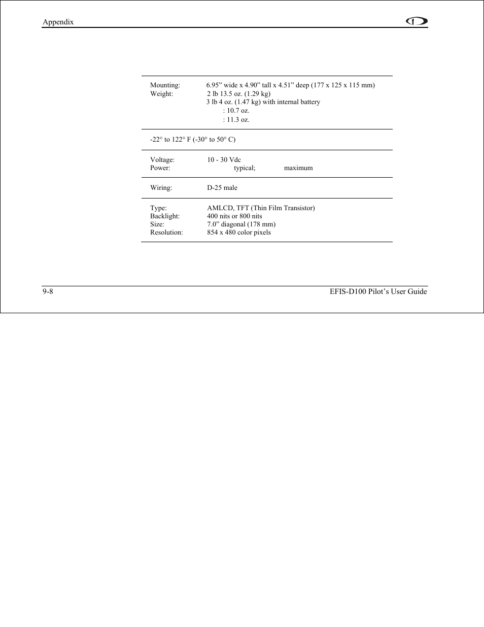 Appendix d: efis-d100 specifications, Appendix d: efis-d100 specifications -8 | Dynon Avionics EFIS-D100 Pilots Users Guide User Manual | Page 88 / 89