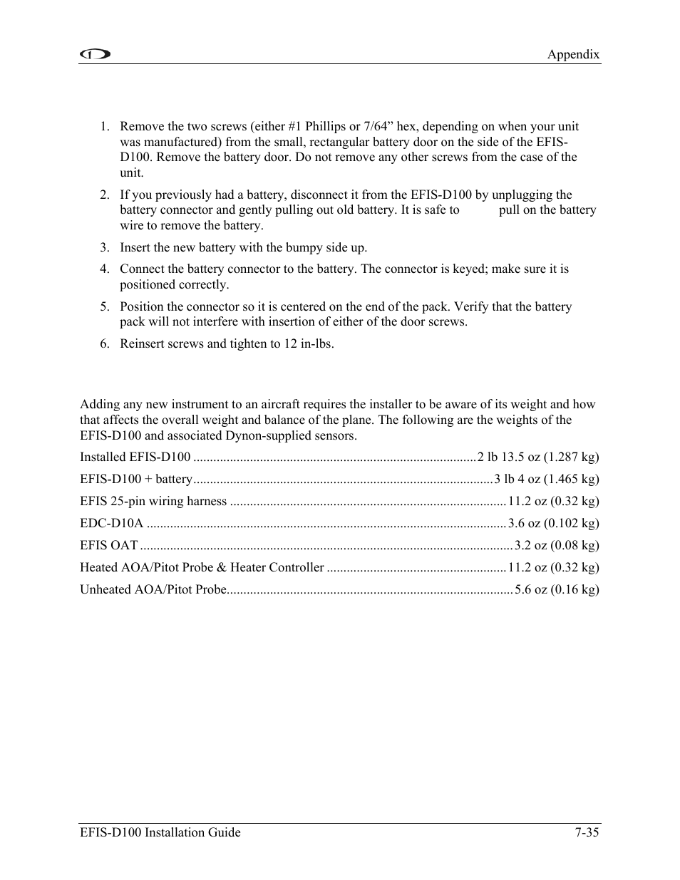 Appendix f: replacing the efis-d100 battery pack, Appendix g: weights, Appendix g: weights -35 | Dynon Avionics EFIS-D100 Installation Guide User Manual | Page 103 / 104