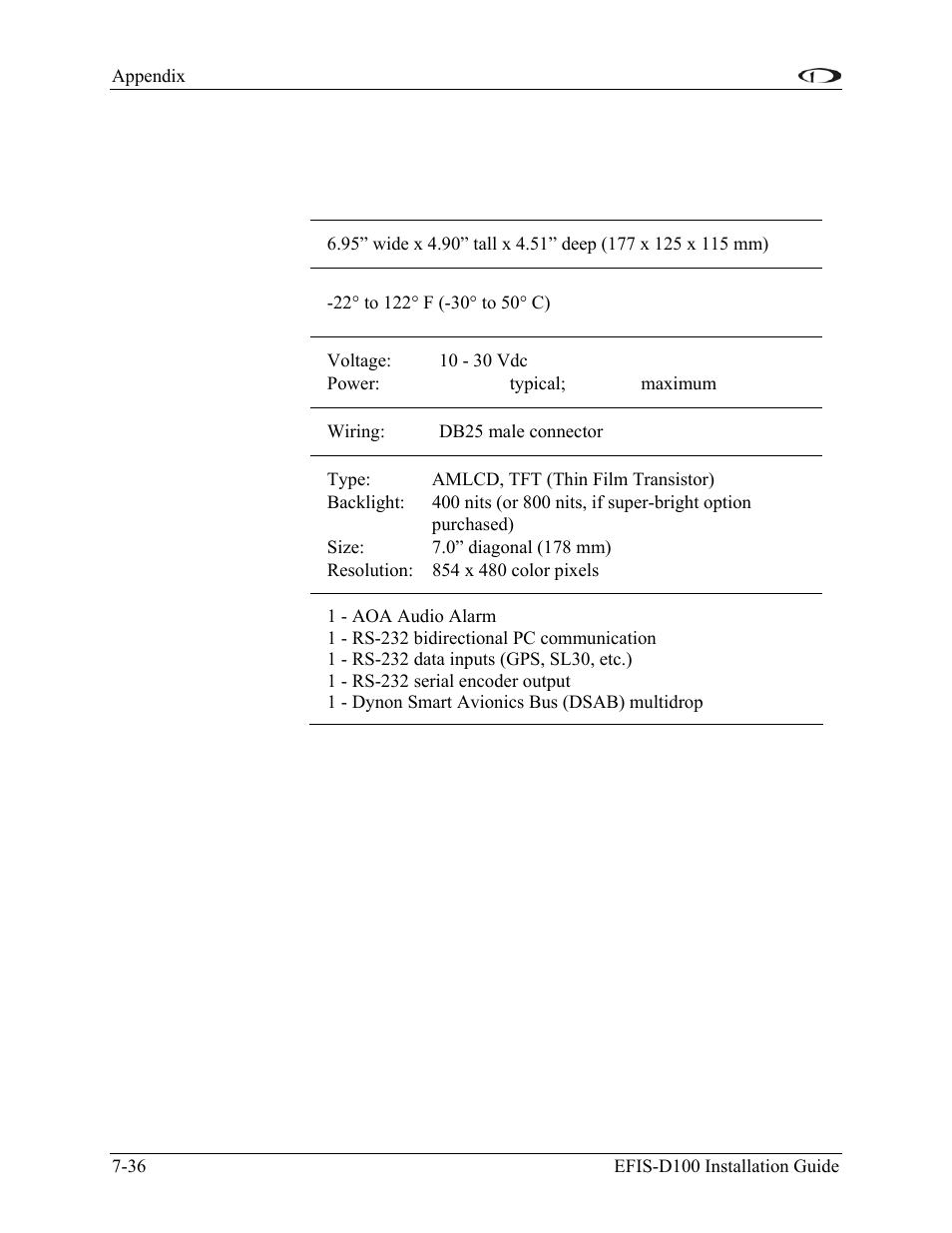 Appendix h: efis-d100 specifications, Appendix h: efis-d100 specifications -36 | Dynon Avionics EFIS-D100 Installation Guide User Manual | Page 104 / 104