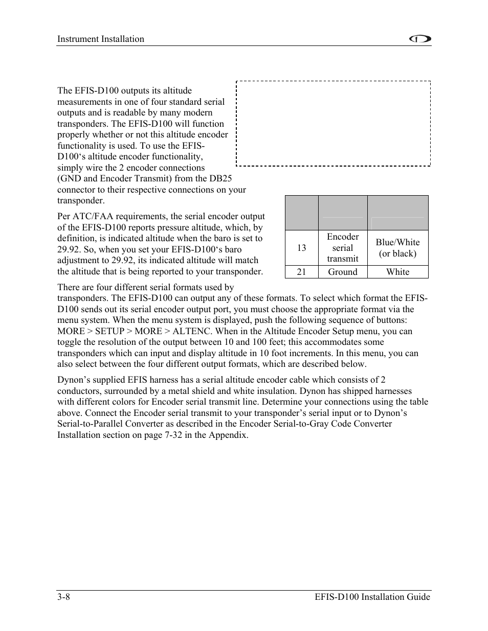 Altitude encoder wiring, Altitude encoder wiring -8 | Dynon Avionics EFIS-D100 Installation Guide User Manual | Page 20 / 104
