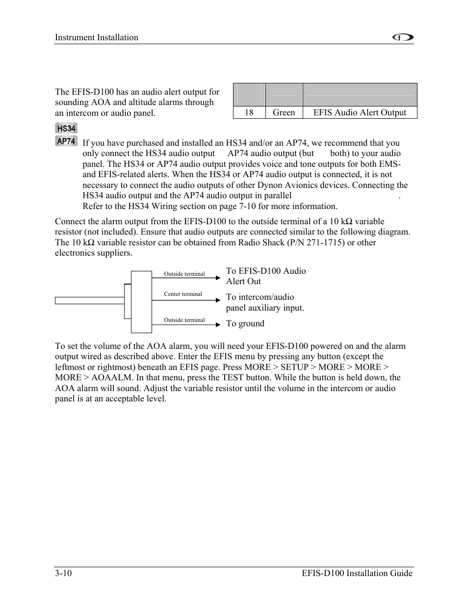 Audio alert output, Audio alert output -10 | Dynon Avionics EFIS-D100 Installation Guide User Manual | Page 22 / 104