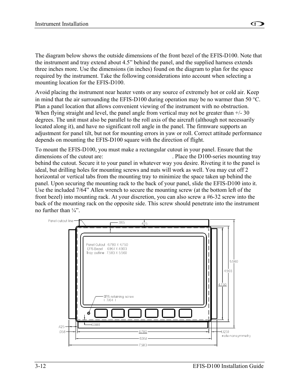 Panel location and mounting, Panel location and mounting -12 | Dynon Avionics EFIS-D100 Installation Guide User Manual | Page 24 / 104