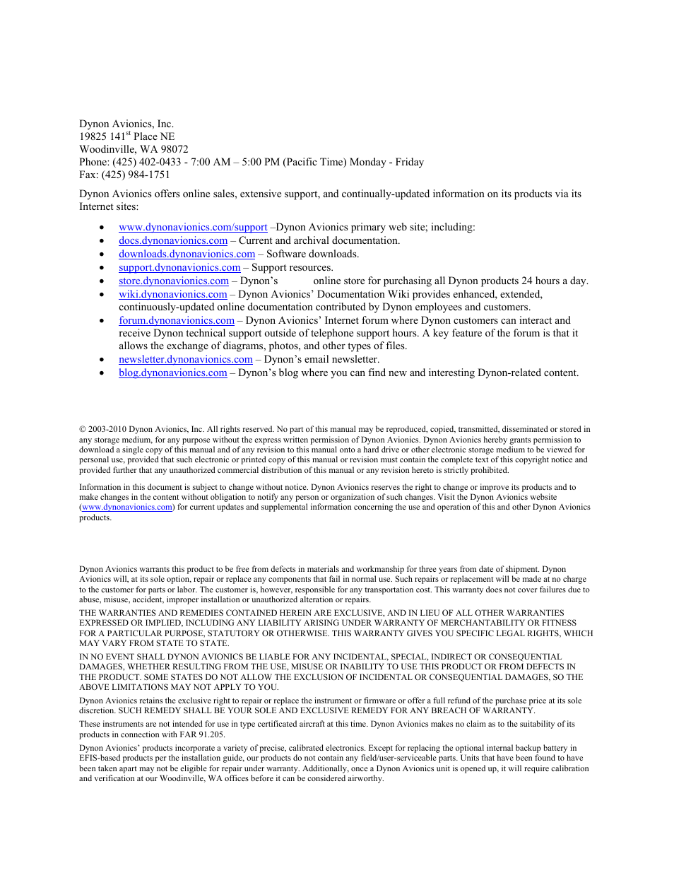 Contact information, Copyright, Limited warranty | Dynon Avionics EFIS-D100 Installation Guide User Manual | Page 3 / 104