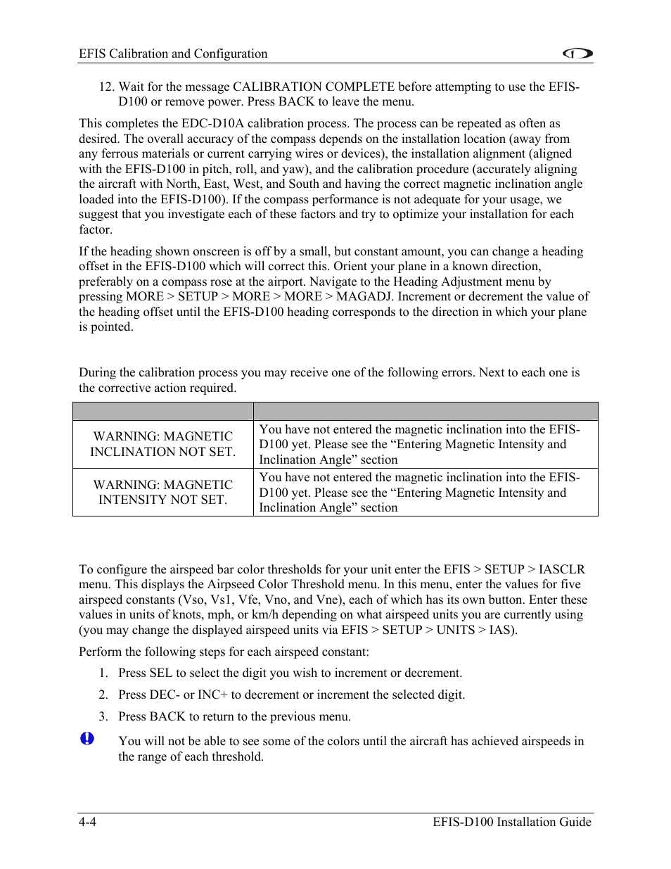 Troubleshooting, Configure airspeed color thresholds, Configure airspeed color thresholds -4 | Dynon Avionics EFIS-D100 Installation Guide User Manual | Page 30 / 104
