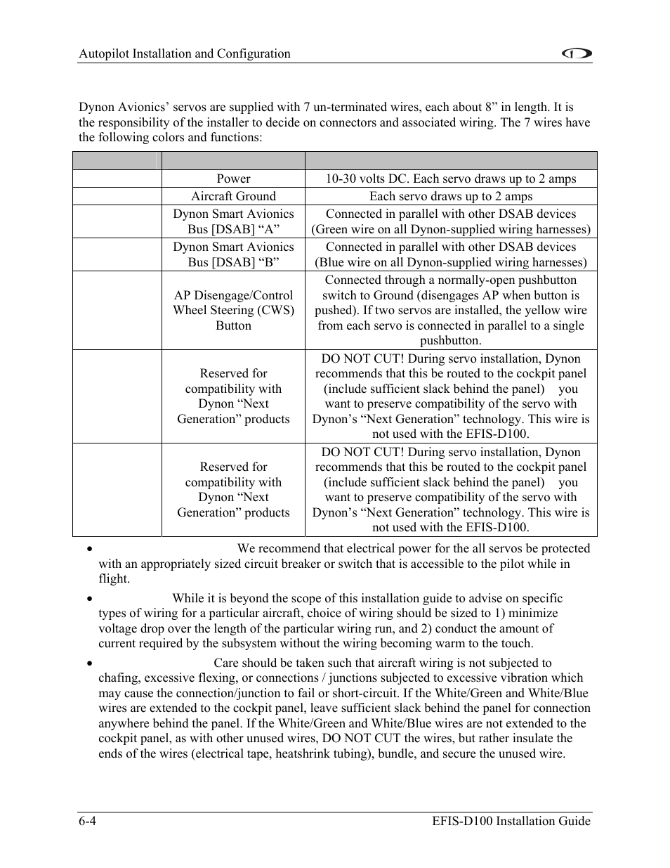 Servo electrical installation | Dynon Avionics EFIS-D100 Installation Guide User Manual | Page 40 / 104