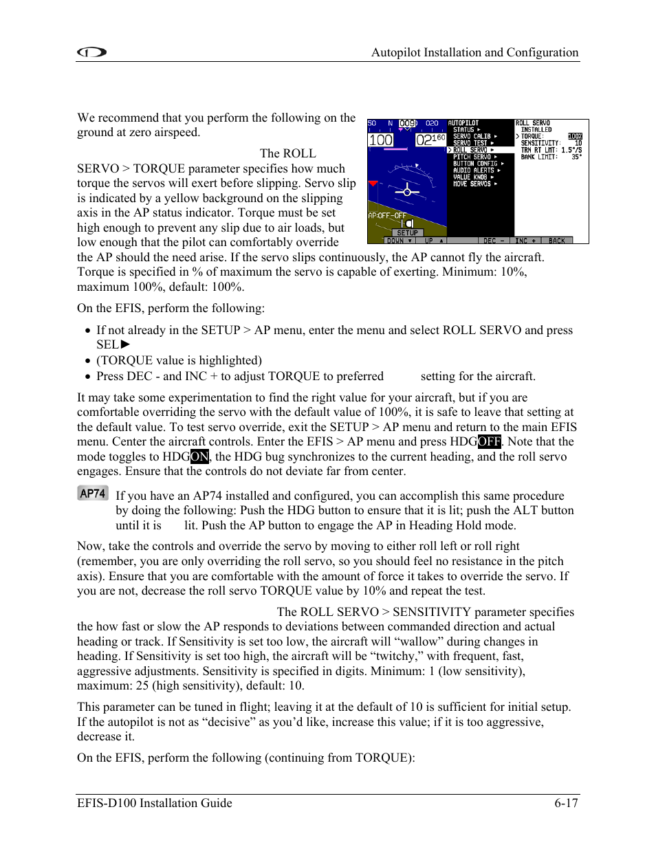 Step 3 - roll servo initial setup | Dynon Avionics EFIS-D100 Installation Guide User Manual | Page 53 / 104