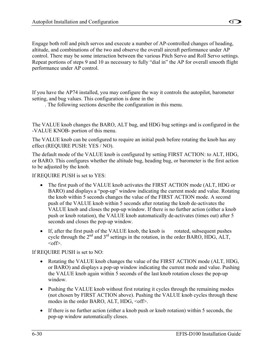 Step 10 – verify overall ap performance, Ap74 configuration, Value knob configuration | Ap74 configuration -30 | Dynon Avionics EFIS-D100 Installation Guide User Manual | Page 66 / 104