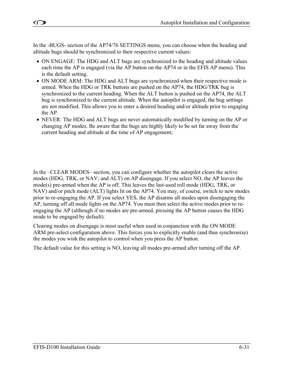 Pre-select configuration, Mode clearing configuration | Dynon Avionics EFIS-D100 Installation Guide User Manual | Page 67 / 104