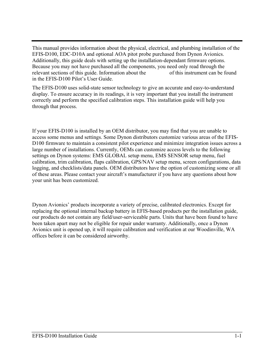 Introduction, Oem installations, Warning | Oem installations -1, Warning -1 | Dynon Avionics EFIS-D100 Installation Guide User Manual | Page 7 / 104