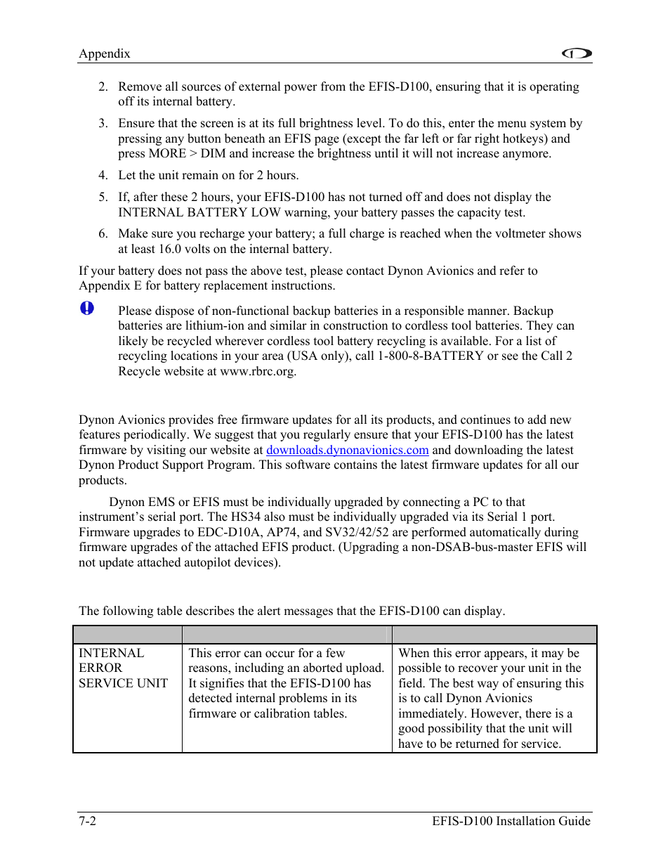 Firmware upgrade, Displayed alert messages | Dynon Avionics EFIS-D100 Installation Guide User Manual | Page 70 / 104