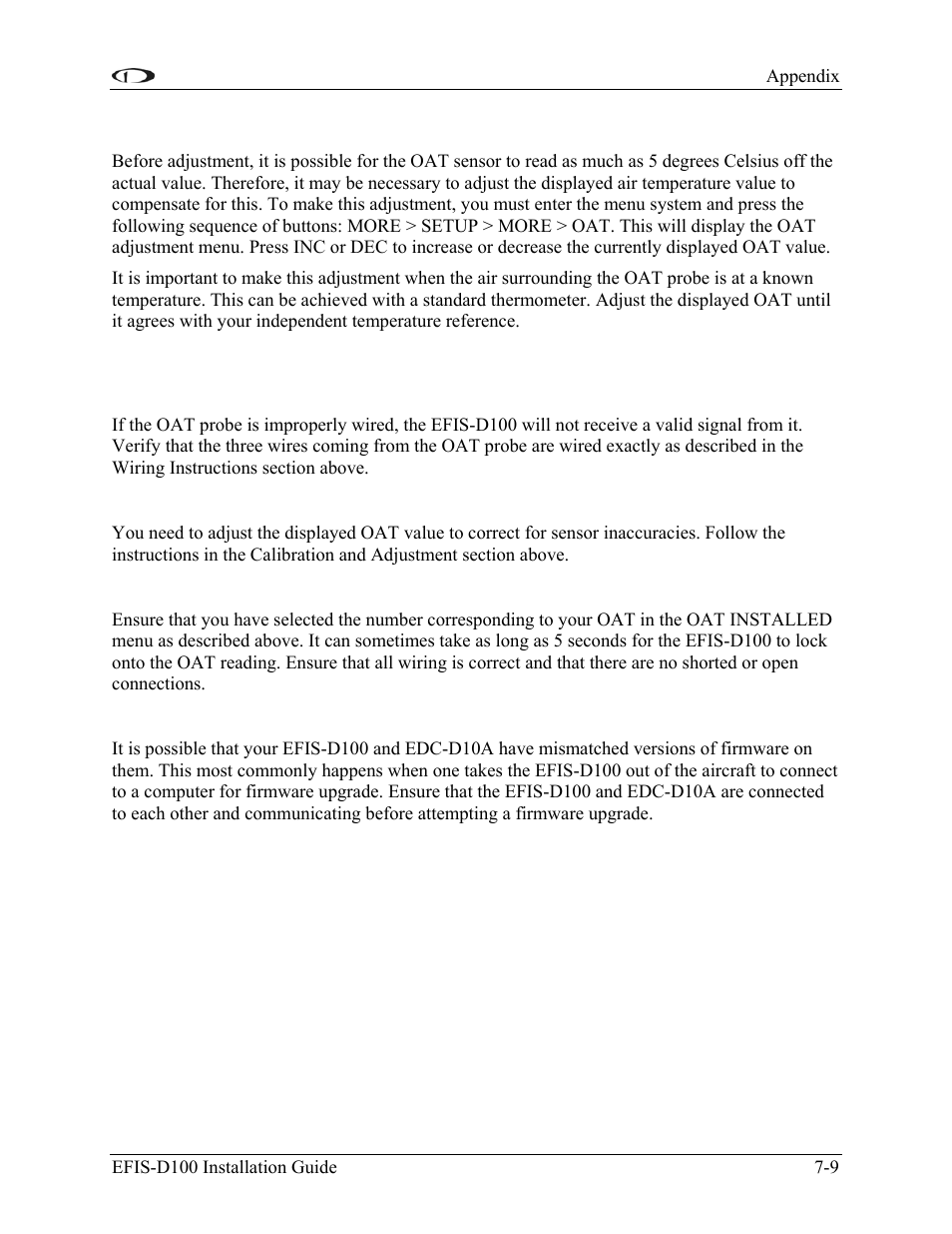 Calibration and adjustment, Troubleshooting, Oat value fluctuates wildly | Oat value is consistently high/low, Oat display area states oat not found, Other strange behavior by oat reading | Dynon Avionics EFIS-D100 Installation Guide User Manual | Page 77 / 104