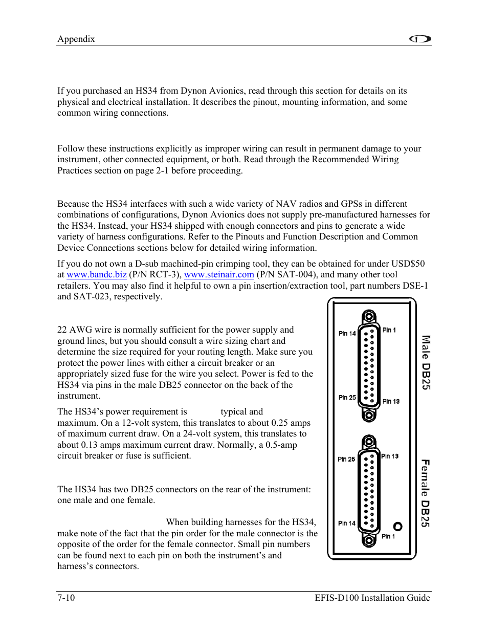 Appendix c: hs34 installation and configuration, Wiring, Harness construction | Power requirements, Connector description | Dynon Avionics EFIS-D100 Installation Guide User Manual | Page 78 / 104