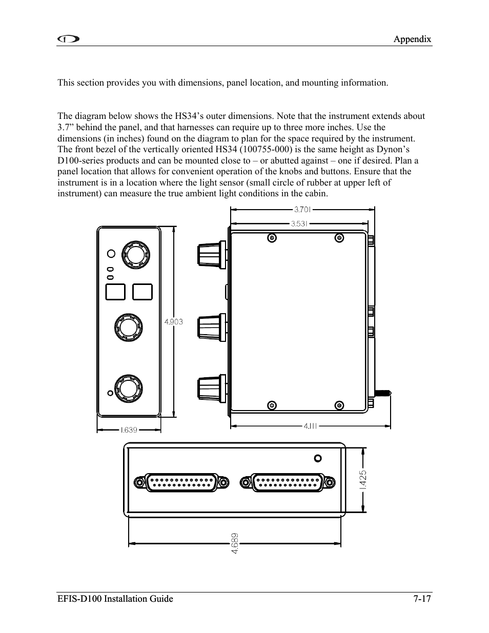Panel location and mounting, Hs34 dimensions and panel location | Dynon Avionics EFIS-D100 Installation Guide User Manual | Page 85 / 104