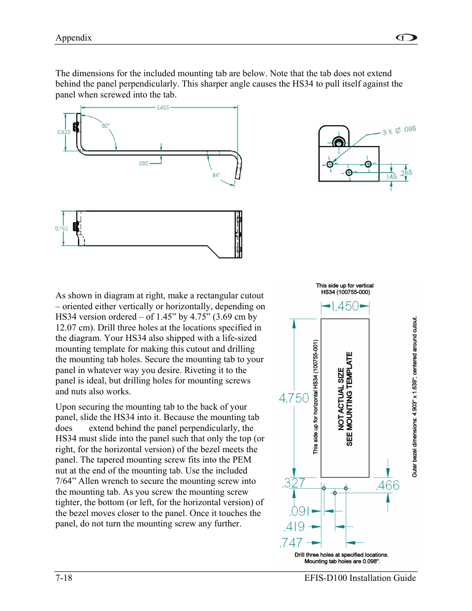 Mounting tab dimensions, Hs34 mounting | Dynon Avionics EFIS-D100 Installation Guide User Manual | Page 86 / 104