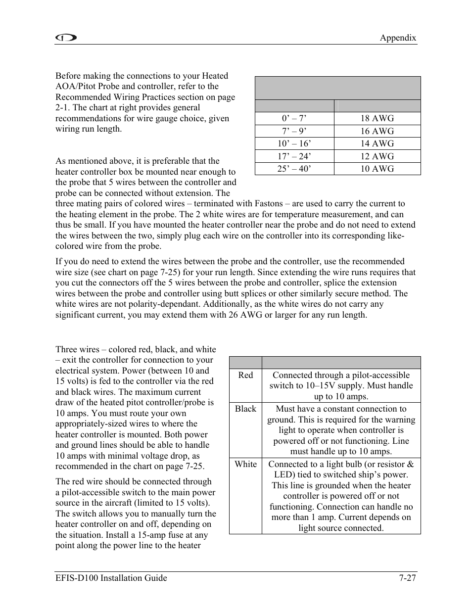 Heater controller wiring, Probe to controller wiring, Controller power wiring | Dynon Avionics EFIS-D100 Installation Guide User Manual | Page 95 / 104