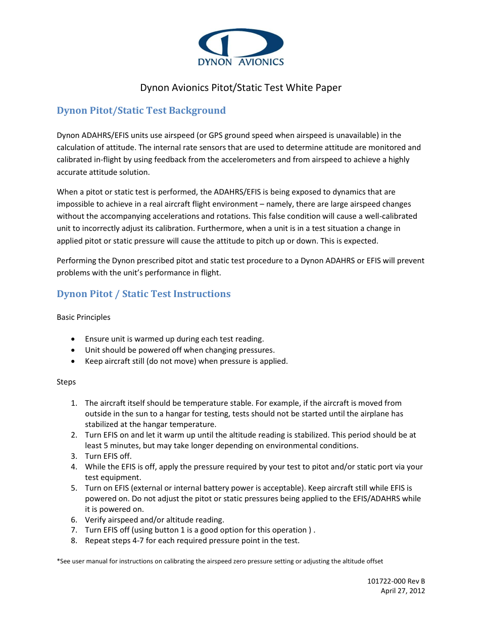 Dynon Avionics Pitot/Static Test User Manual | 1 page