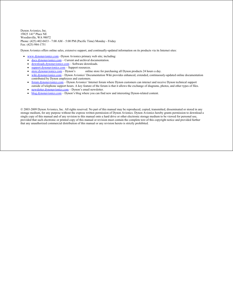 Contact information, Copyright | Dynon Avionics EMS-D10 Pilots Users Guide User Manual | Page 2 / 47