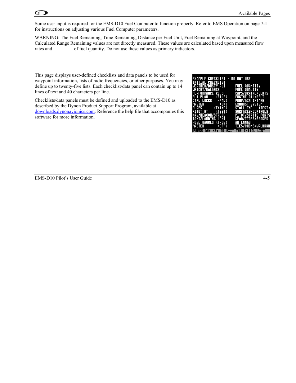 Dynon Avionics EMS-D10 Pilots Users Guide User Manual | Page 23 / 47