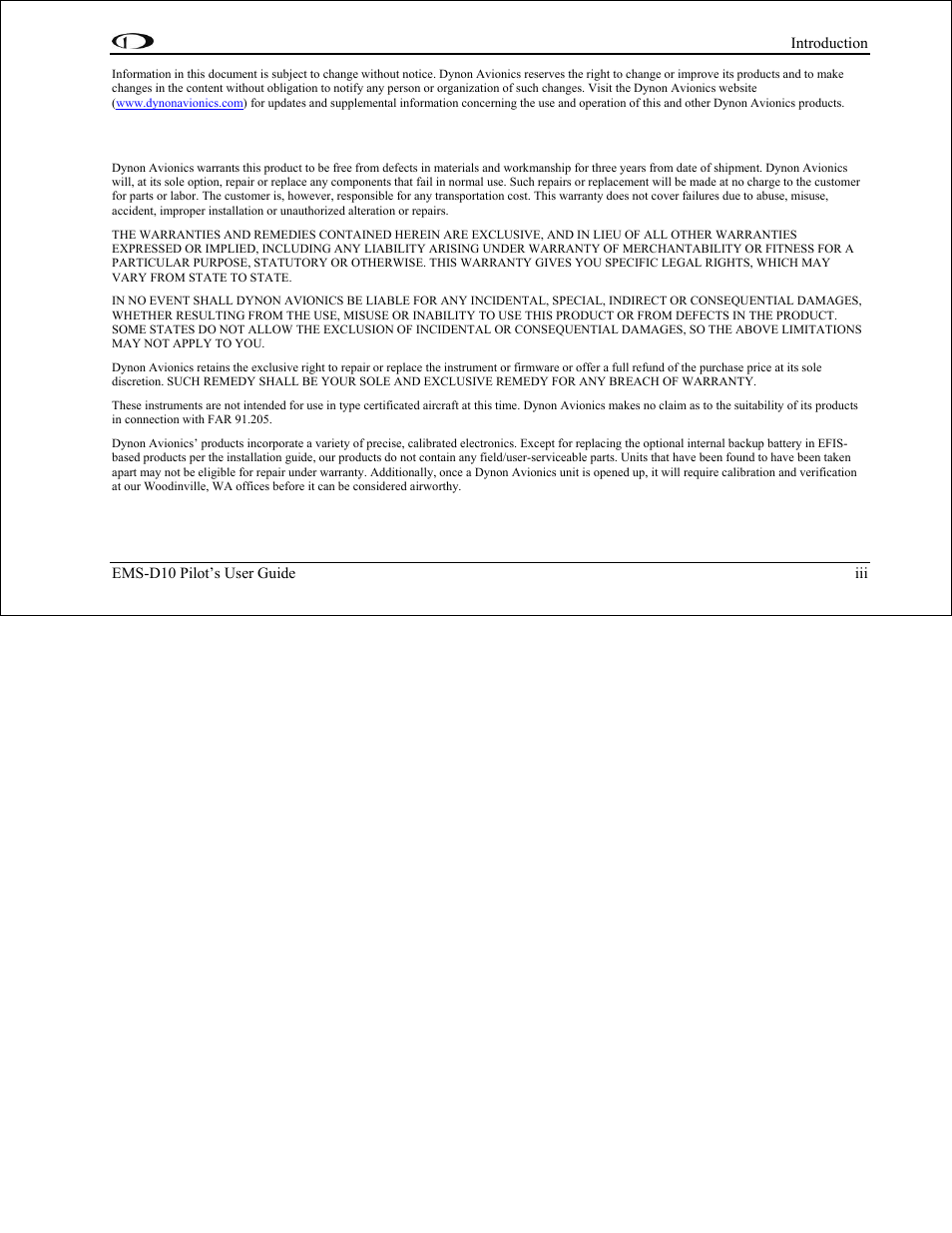 Limited warranty | Dynon Avionics EMS-D10 Pilots Users Guide User Manual | Page 3 / 47
