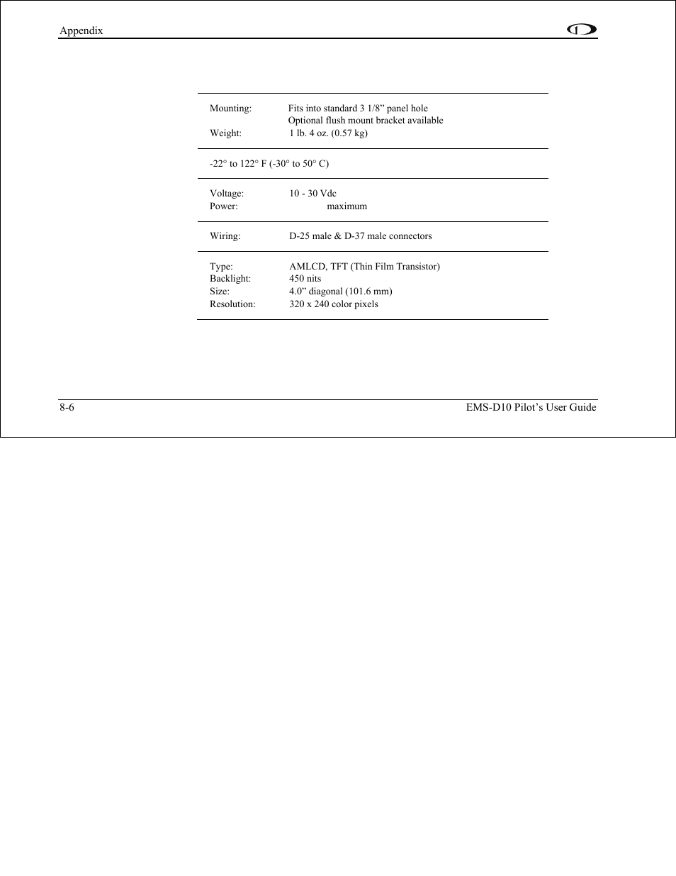 Appendix d: ems-d10 specifications | Dynon Avionics EMS-D10 Pilots Users Guide User Manual | Page 46 / 47