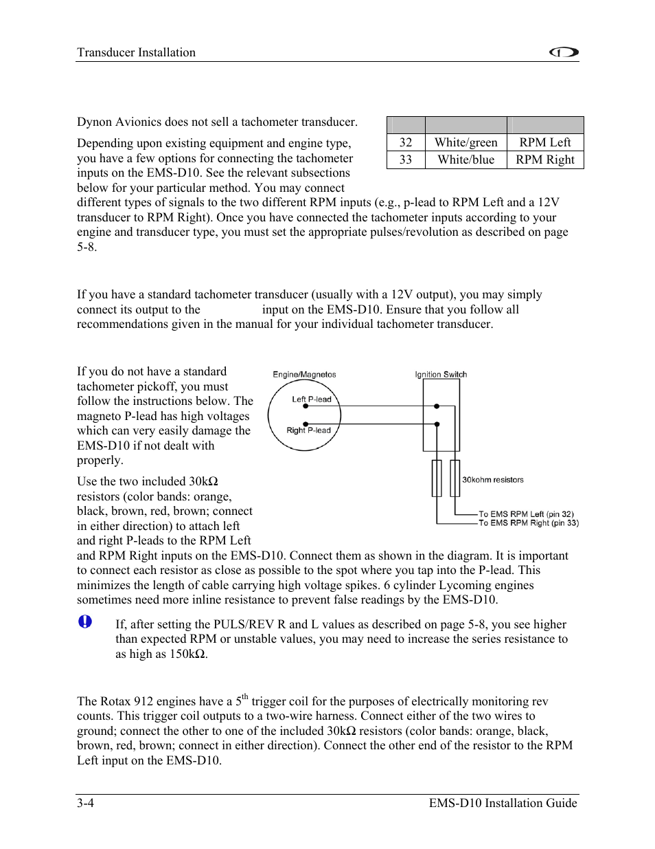 Tachometer, Tachometer transducer, P-lead pickoff (lycoming and continental) | Trigger coil (rotax), Tachometer -4 | Dynon Avionics EMS-D10 Installation Guide User Manual | Page 18 / 70