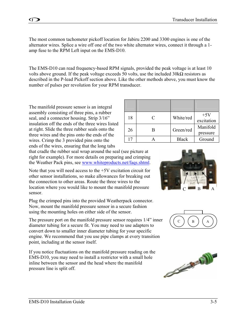 Alternator wire (jabiru), Digital ignition and other pickoffs, Manifold pressure sensor | Manifold pressure sensor -5 | Dynon Avionics EMS-D10 Installation Guide User Manual | Page 19 / 70