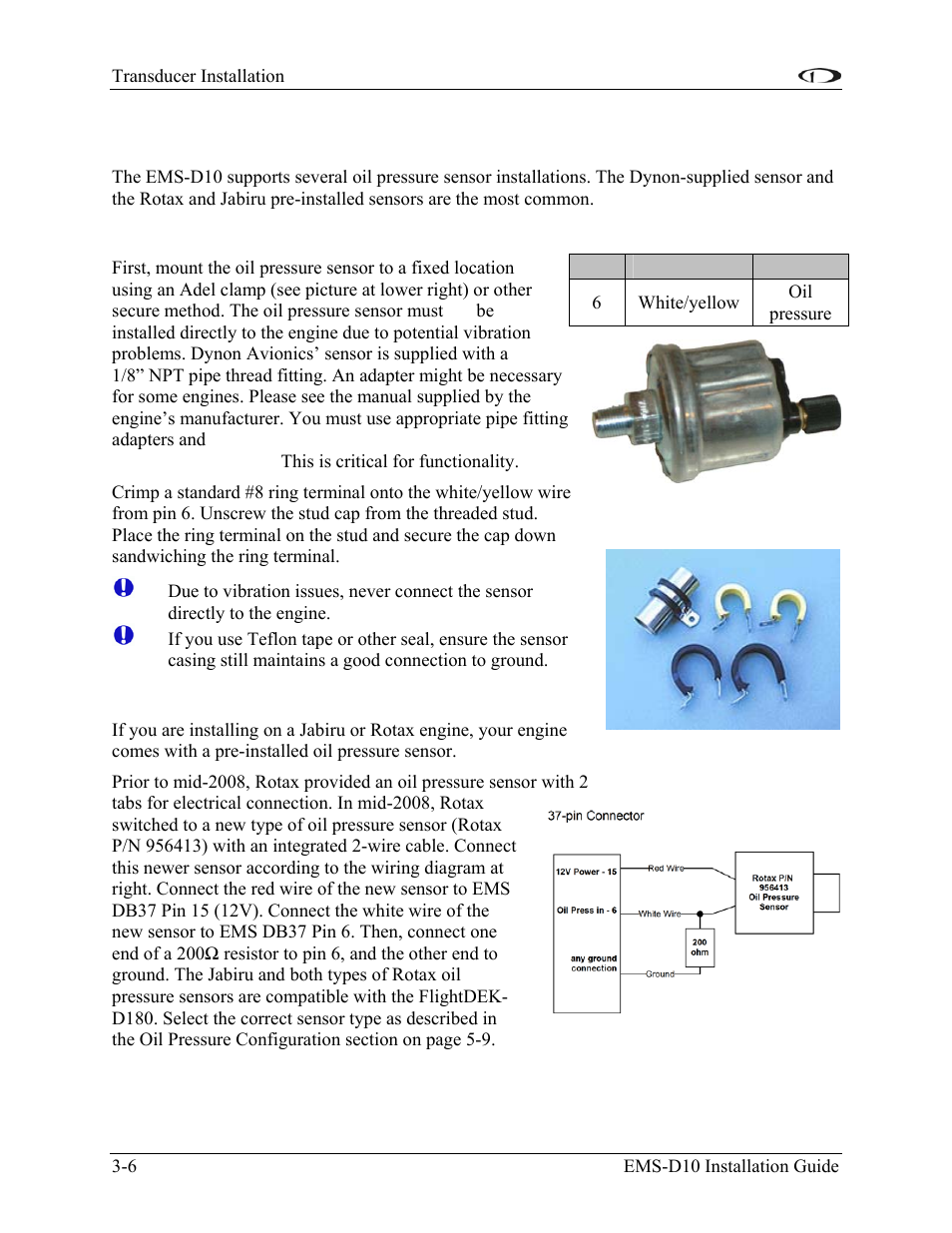 Oil pressure sensor, Dynon-supplied oil pressure sensor, Jabiru and rotax oil pressure | Oil pressure sensor -6 | Dynon Avionics EMS-D10 Installation Guide User Manual | Page 20 / 70