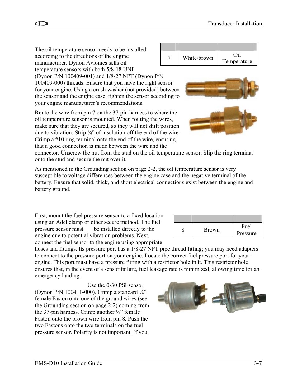 Oil temperature sensor, Fuel pressure sensor, Oil temperature sensor -7 | Fuel pressure sensor -7 | Dynon Avionics EMS-D10 Installation Guide User Manual | Page 21 / 70
