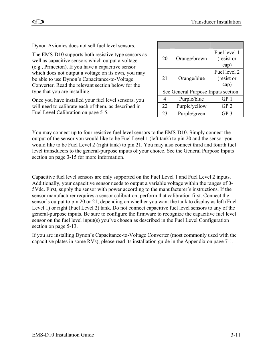 Fuel level sensor, Resistive fuel level sensor, Capacitive fuel level sensor | Fuel level sensor -11 | Dynon Avionics EMS-D10 Installation Guide User Manual | Page 25 / 70