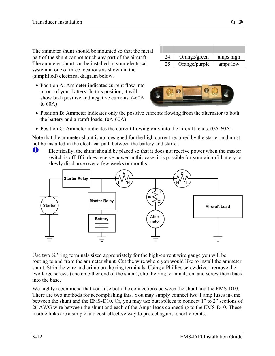 Ammeter shunt, Ammeter shunt -12 | Dynon Avionics EMS-D10 Installation Guide User Manual | Page 26 / 70